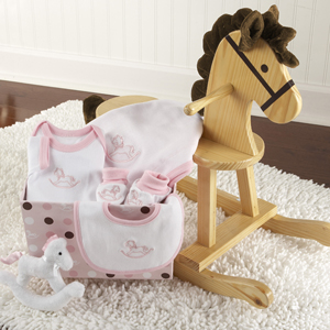 "Rockabye Baby" Personalized Rocking Horse with Plush Toy and Layette Gift Set (Pink) wedding favors